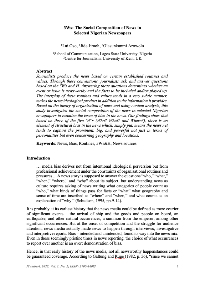 Screenshot of first page of journal article titled: 3Ws: The Social Compositions of News in Selected Nigerian Newspapers showing paper title, authors, abstract