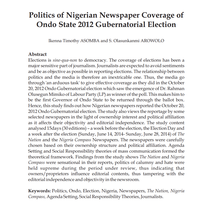 Screenshot of first page of journal article titled: Politics of Nigerian Newspaper Coverage of Ondo State 2012 Gubernatorial Election showing paper title, authors, abstract