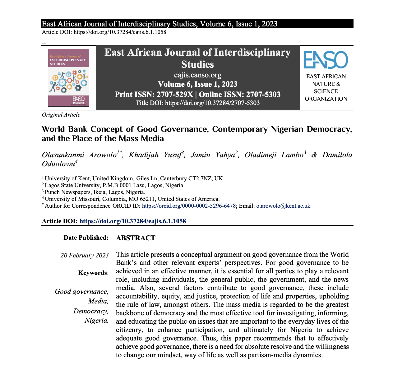 Screenshot of first page of journal article titled: World Bank Concept of Good Governance, Contemporary Nigerian Democracy, and the Place of the Media showing paper title, authors, abstract