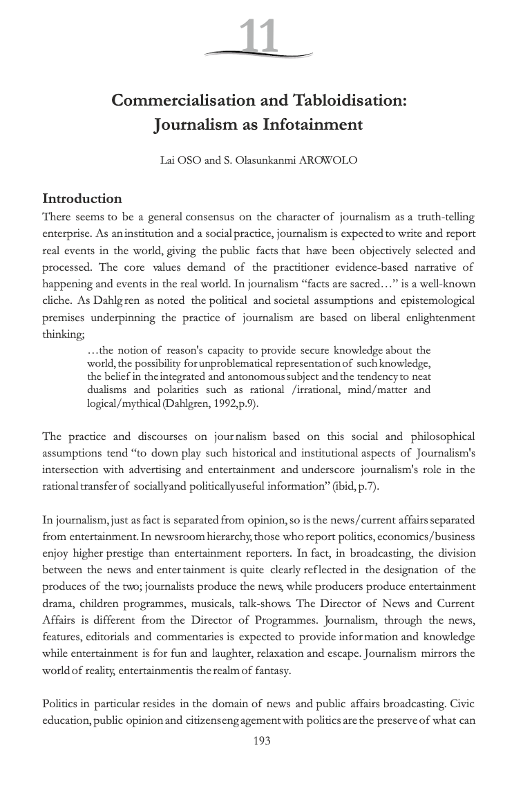 Screenshot of first page of book chapter titled: Commercialisation and tabloidisation: Journalism as infotainment