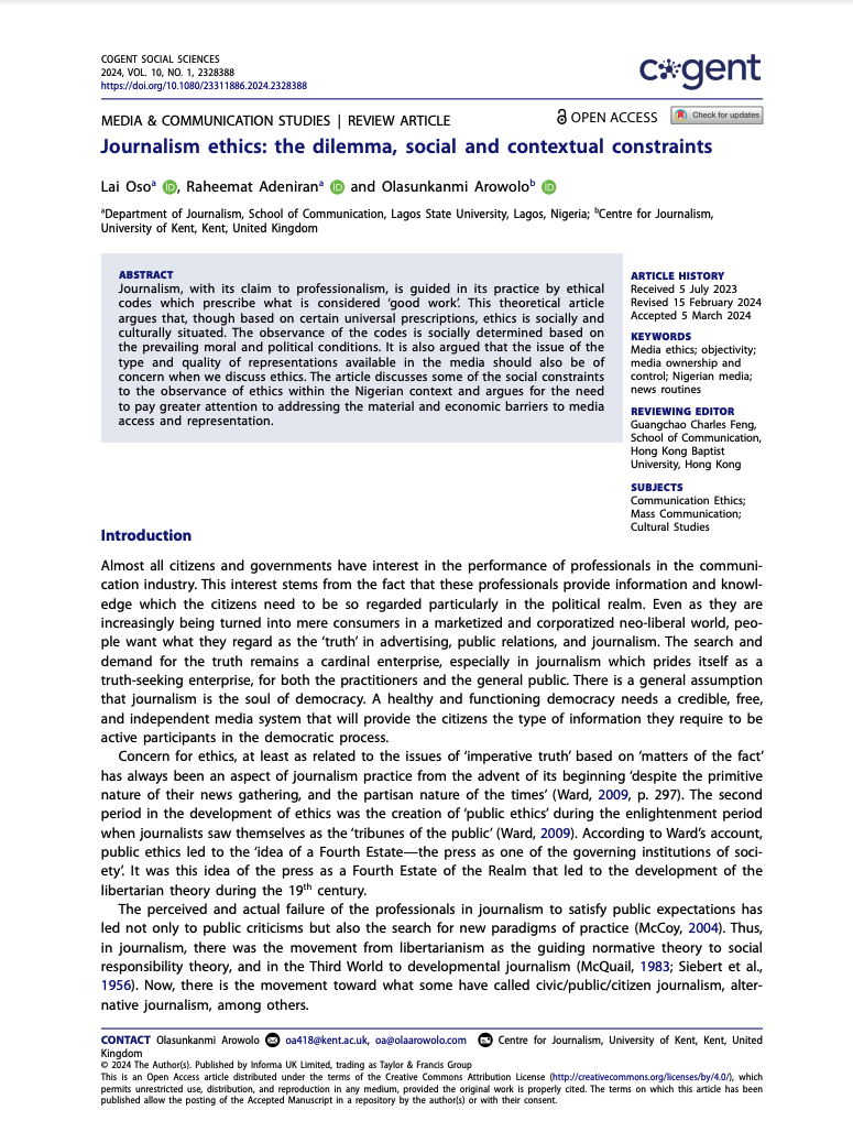 Screenshot of first page of journal article titled: Journalism ethics: the dilemma, social and contextual constraints showing paper title, authors, abstract