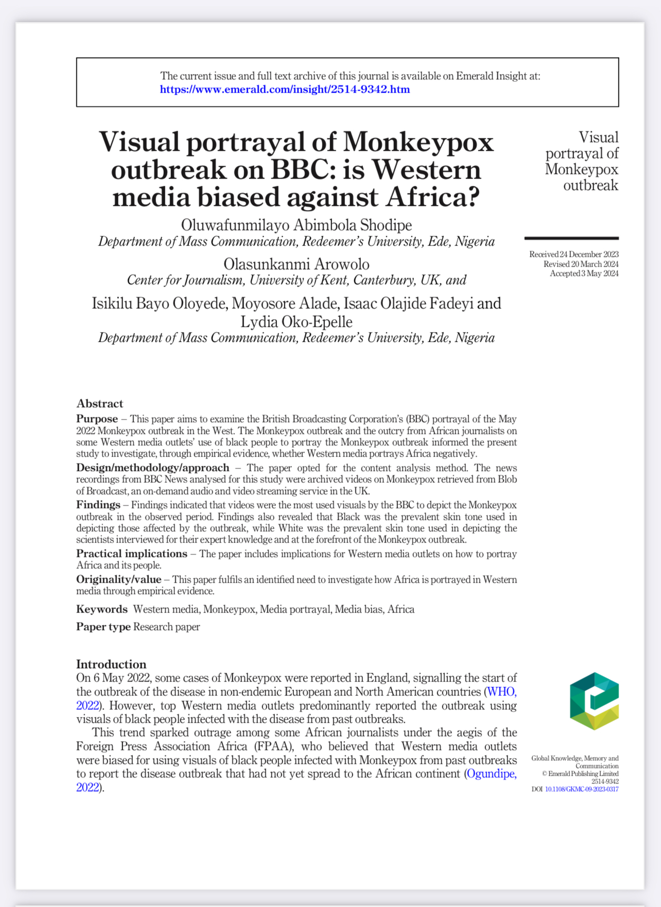 Screenshot of first page of journal article titled: Visual portrayal of Monkeypox outbreak on BBC: is Western media biased against Africa? showing paper title, authors, abstract